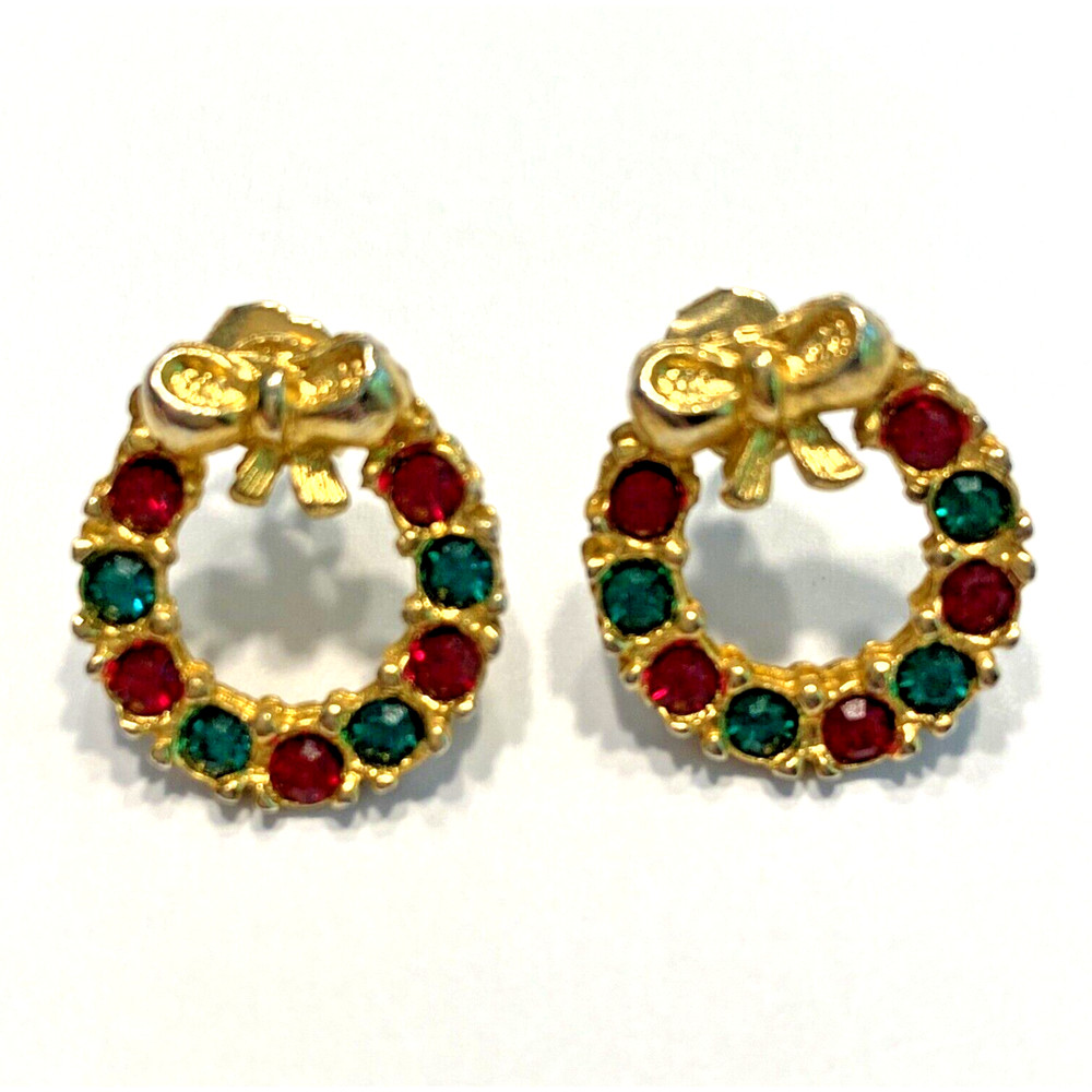 Christmas Holiday Pierced Earrings Red & Green Rhinestones Small Gold Wreaths
