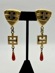 Vintage Gold Tone Carnelian Drop Dangle Earrings Shield Geometric Matte Art Deco