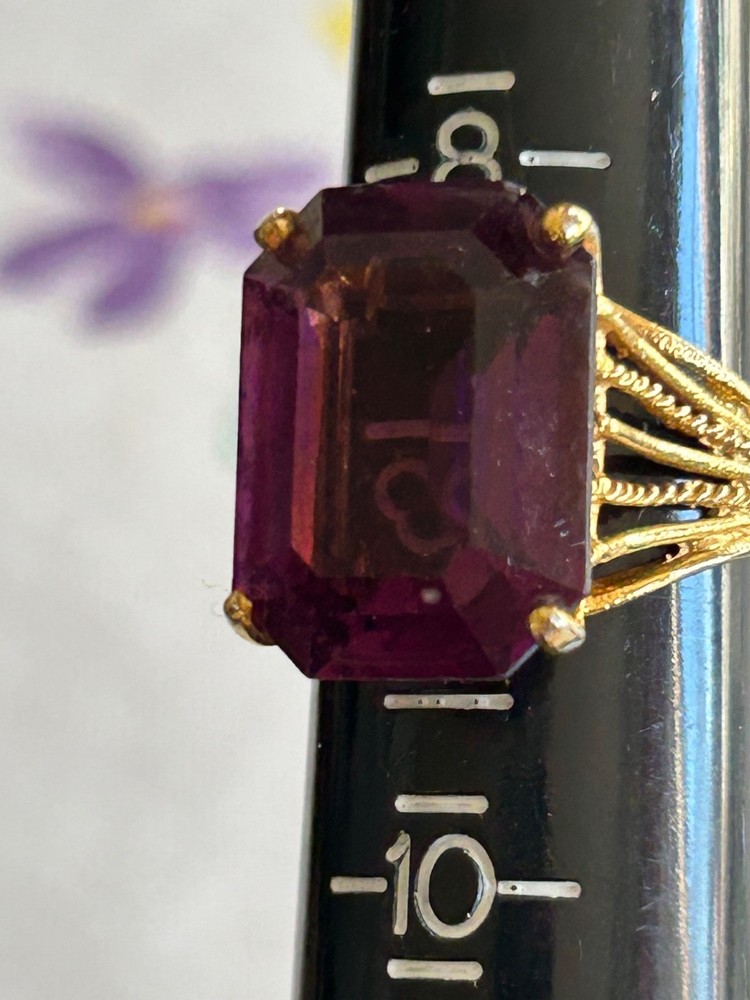 Vintage 1970s Stamped 18K H.G.E. Faux Amethyst Cocktail Ring Size 9