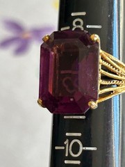 Vintage 1970s Stamped 18K H.G.E. Faux Amethyst Cocktail Ring Size 9