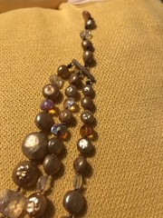 Vintage 1950s Triple Strand Hand Knotted Champagne Faux Pearl Necklace Amber