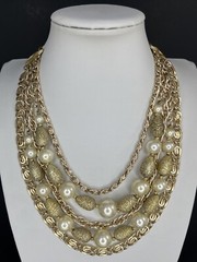 Vtg Francois Coro Bib Necklace Gold Tone Multi Chain Faux Pearl Cascade Chunky
