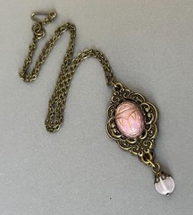 Vintage Scarab Necklace Egyptian Revival Pendant W/ Antique Celluloid Beetle