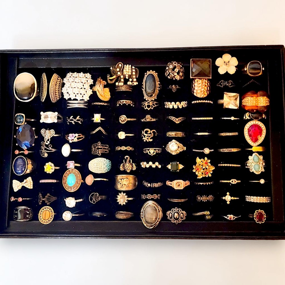 Lot of 90 Fashion Rings Mixed Sizes Statement Cocktail Rhinestone Reseller