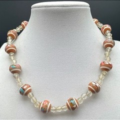 Vintage Orange White Striped Glass Bead Choker Necklace Crystal Spacers 15 in