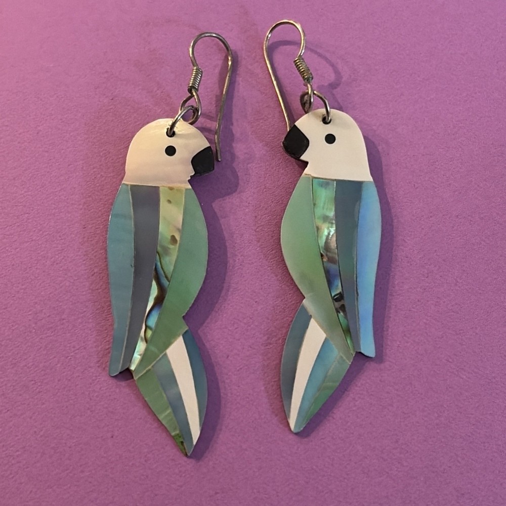 Inlay Pastel Multicolor Mother of Pearl Parrot Tropical Bird Pierced Earrings