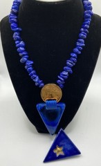 Vintage Lapis Stone nuggets Beaded Necklace W/ Triangle pendant & Brooch