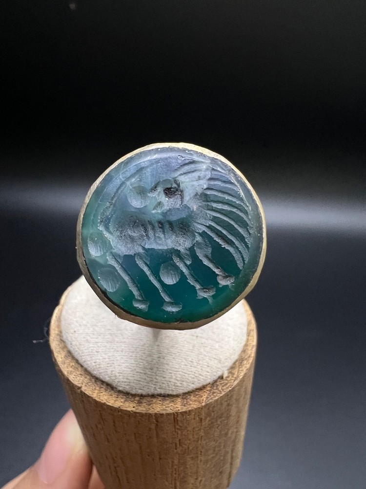 Rare Vintage Green Agate Lion Intaglio Ring Size 8.25 Lion Signet Ring Hand