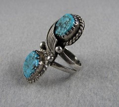 Vintage Navajo 2 stone turquoise sterling silver feather ring size 6-3/4 8.0 grm