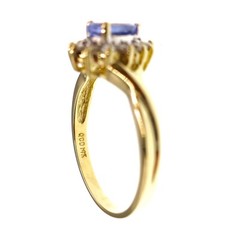 Classic 14k Solid Yellow Gold Natural Tanzanite and Diamond HALO Ring Size 7