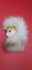 Vintage Signed Han Shin Real Fur Pin Brooch Retro Art Deco Lady Profile Large