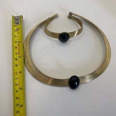 Modern Revival Silver/Gold Tone Wire Choker & Bracelet Set with Black Stone