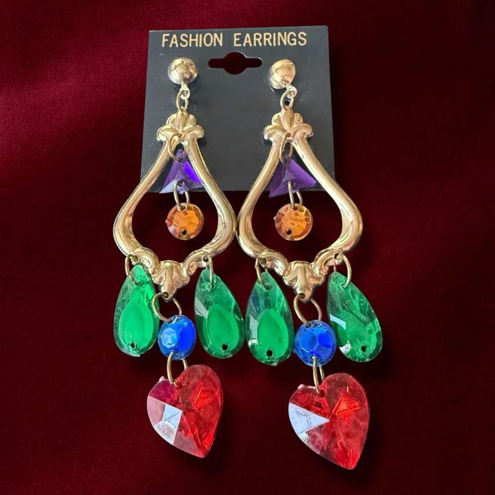 1980s Chandelier Earrings Lucite Vintage Large Gold Tone Dangle Pierced