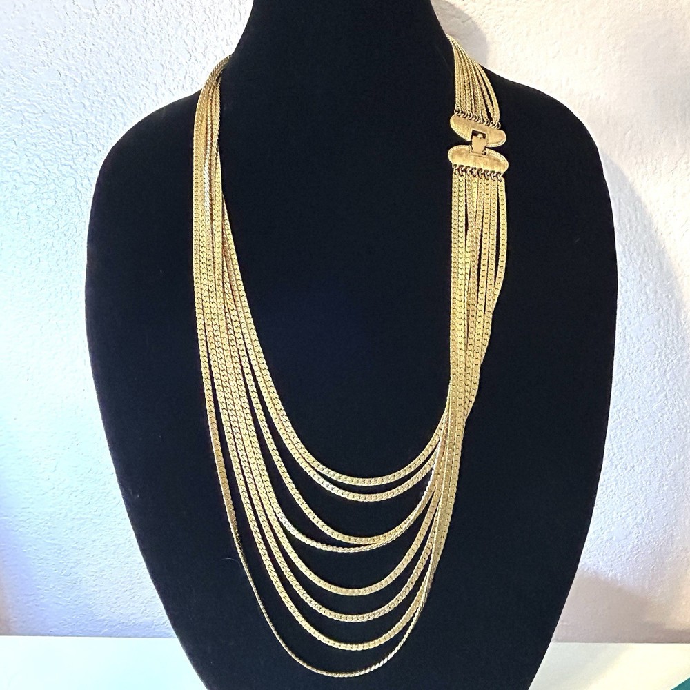 Vintage Monet Necklace Multi Strand Layered Chain Gold Tone 28” Runway Statement