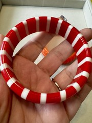 Lot 2 Vtg Lucite Plastic Bangle Bracelets Red White Stripe Carved Orange Stack