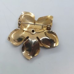 Vintage Gold Tone Black Enamel Flower Brooch With Aurora Borealis Rhinestone