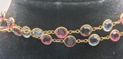 Vintage Gold Tone Pink Blue Purple Crystal Station Necklace Bezel 36in
