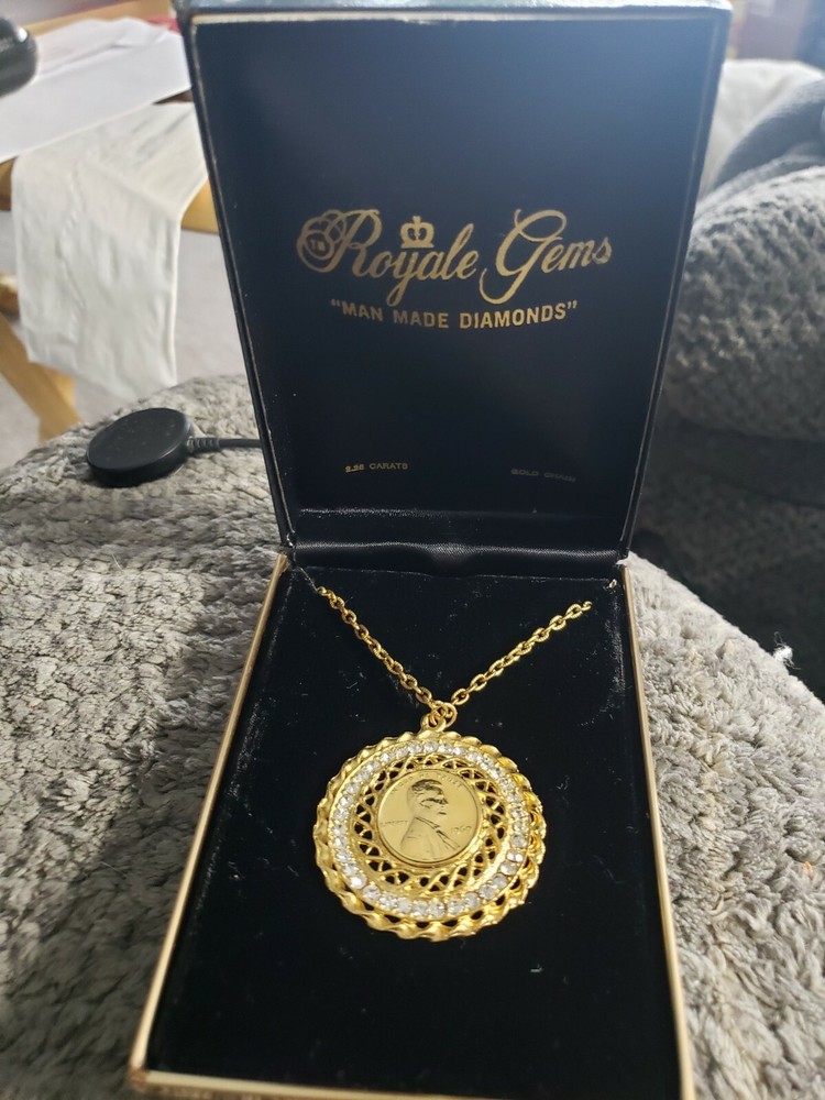 VINTAGE NEW Man Made Diamonds 1969 Penny Necklace Orig Box Royale Gems