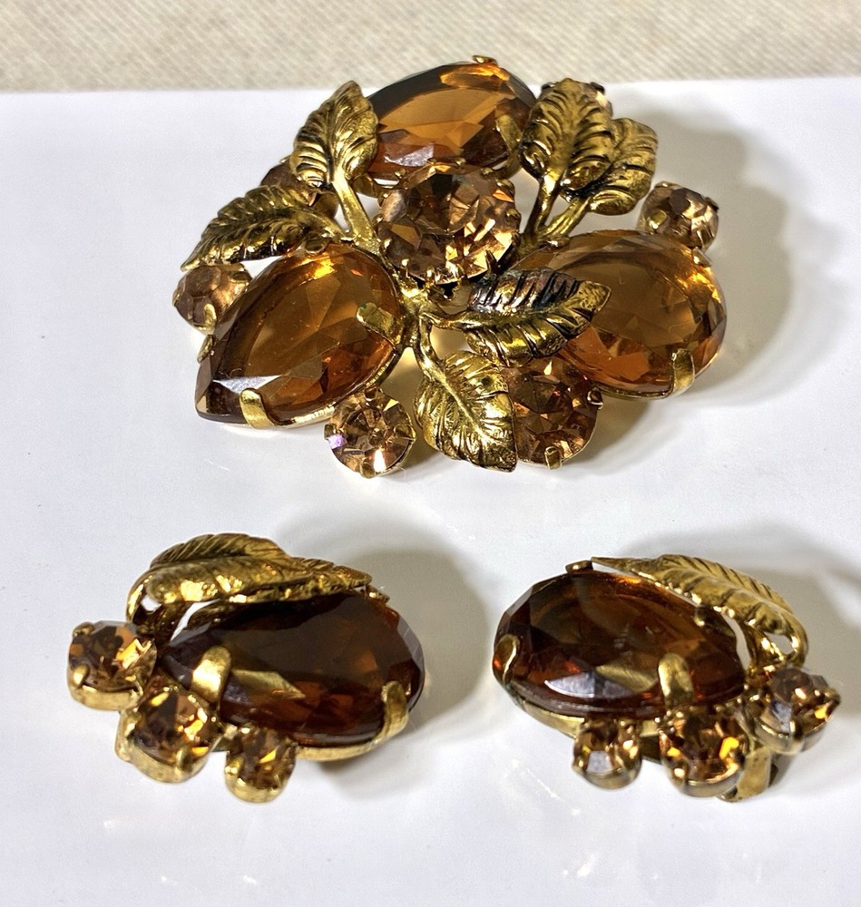 Vintage AUSTRIAN Flower Leaf Brooch & Earring Set, Topaz Crystal Rhinestones!