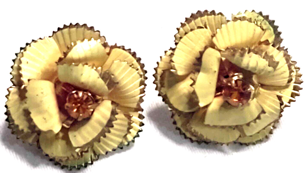 Screw Back Earrings Yellow Enameled Metal Floral Amber Stone Center Austria MCM
