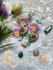 Vintage Iridescent abalone sea shell 2 inch earrings & Smal Pendant