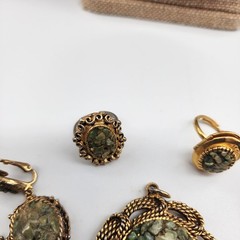 Vintage Lot Crushed Jade Stone Pendant~ 2 Rings ~ 2 sets of Earrings
