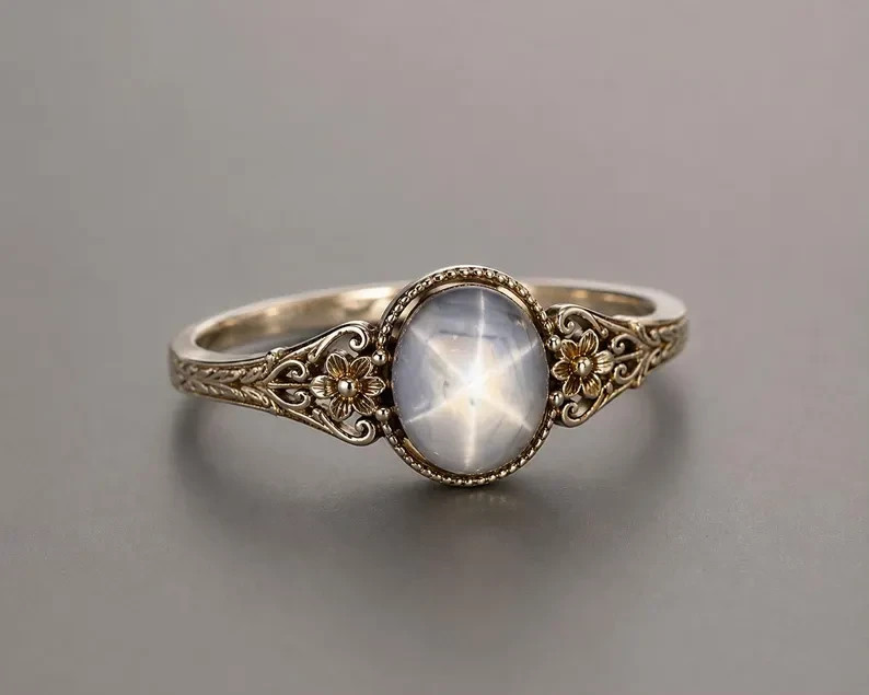 Natural Star Sapphire Ring Vintage Floral Filigree Sterling Silver Ring