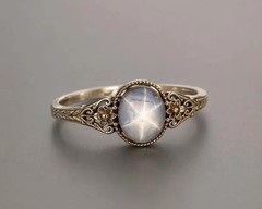 Natural Star Sapphire Ring Vintage Floral Filigree Sterling Silver Ring