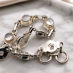 925 Sterling Silver White Moonstone Link Bracelet Minimalist Boho Artisan 7.75in