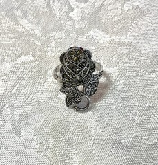 C&C Rhodium Electroplate Clark & Coombs Art Deco Marcasite Rose Flower Ring VTG