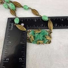 Vintage Polished Stone Dragon Necklace Gold Tone Asian 17”