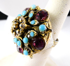 Vintage Rhinestone Cocktail Ring Adjustable Size 6 Faux Turquoise Amethyst Retro