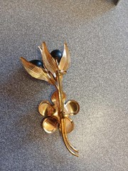 Vintage Austria Floral Brooch Black Red Enamel Rhinestone Gold Tone