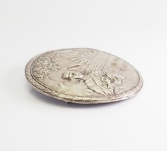 Antique large ethnic folk woman w harp relief round silver pin brooch Latvia