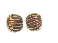 1980’s Gold Tone Metal Ribbed Clip on Earrings with Brown Enamel