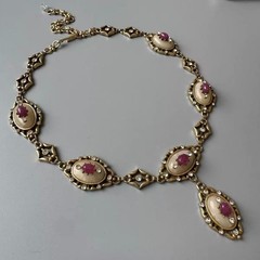 Vintage Victorian Pink Stone Necklace Set Estate Statement Jewelry Gift for Her