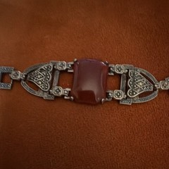 Vintage Art Deco Sterling Silver Carnelian Marcasite Panel Link Bracelet 1930s