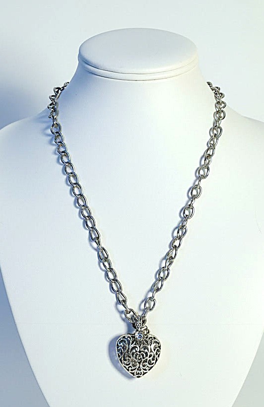 Vintage Antique Silver Tone Filigree Openwork Puff Heart Rhinestone Necklace