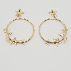 Stars Crescent Moon Colorful Enamel Metal Gold Tone Round Hoop Pierced Earrings
