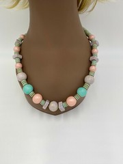 Vintage 1980s 1990s Pastel Chunky Wooden Beads Necklace 24″ Blue Pink Purple