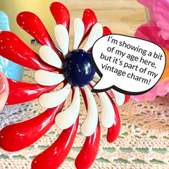 Vintage Red White Blue Enamel Flower Brooch Mid Century Atomic Starburst Pin