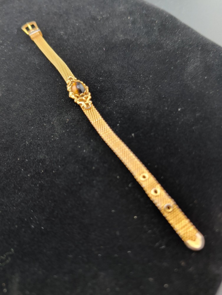 Vtg Gold Tone Mesh Buckle Bracelet Tiger’s Eye Cabochon Victorian Revival 1960s