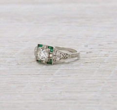 Art Deco Round Cut Lab Craeted Diamond & Emerald 925 Silver Engagement Gift Ring