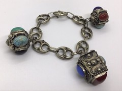 MCM VTG Etruscan Mediterranean Silver 800? Charm Bracelet 54g 8.5″ Turquoise