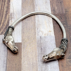Double Horse Head Pewter Plated Copper w Patina Vintage 70s Torque Cuff Bracelet