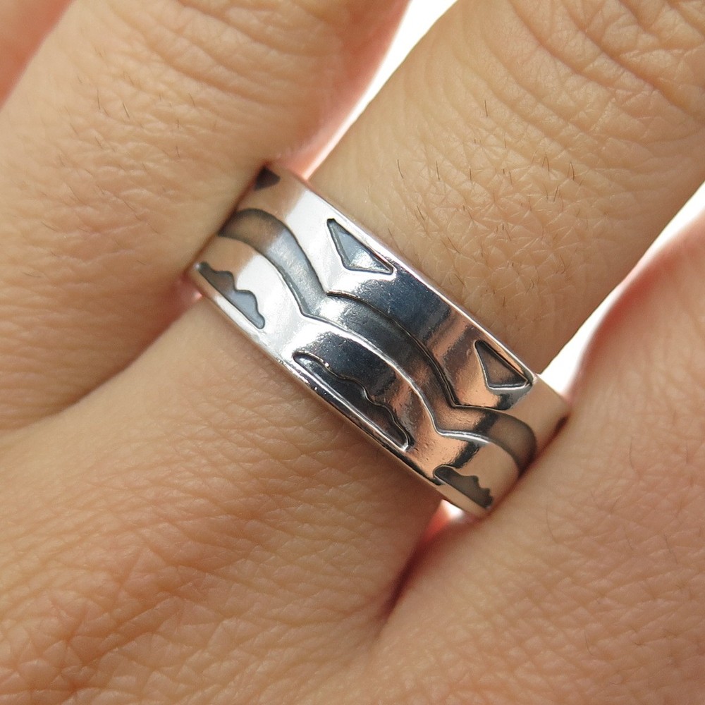 925 Sterling Silver Vintage Ornate Oxidized Band Ring Size 11.75