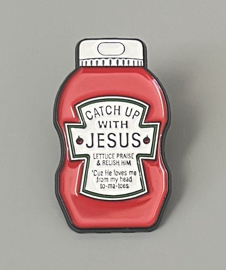 Enamel-Metal-Catchup With Jesus-Bottle-Religious Pin Back Tie Tack Brooch 1”