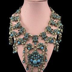 Vintage 1950s EGYPTIAN REVIVAL Collar Necklace TURQUOISE CABOCHON Tibetan Amulet