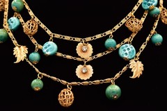Vintage Beaded Multi-Strand Leaf Charm Necklace Collar Gold Turquoise 70s BinBN