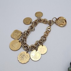 Vtg Bahama Coin Dangle Charm Gold Tone Bracelet 80s 90s Double Link Chain 7.5″